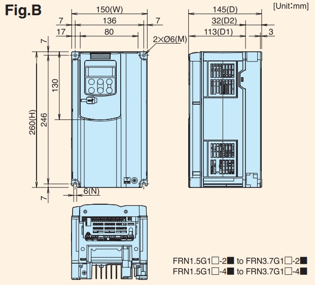 Kích thước Biến tần Fuji FRN3.7G1S-4A