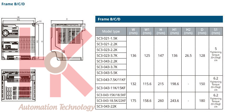 Kích thước biến tần Shihlin SC3 Frame C-D