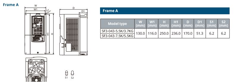 Kích thước Biến tần Shihlin SF3 FRAME A
