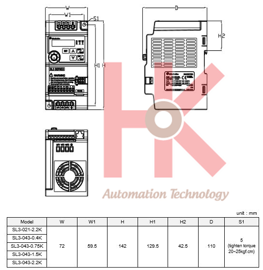 Bản vẽ phác họa kích thước Biến tần Shihlin SL3-021-2.2K